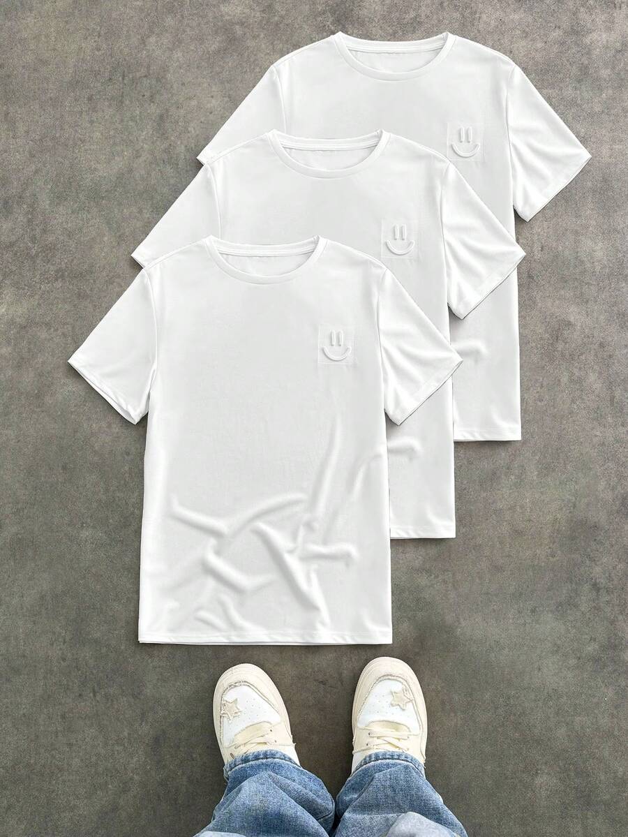 Manfinity BRENVOR Men's Casual Solid Color Round Neck Short Sleeve T-Shirt, Summer - White - View 1