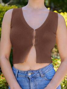 Andrea Bello Women's Solid Color Single-Breasted Cropped Fitted Knit Vest In Fall/Winter - Coffee Brown - View 5