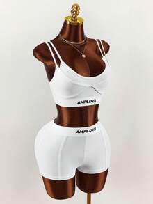 Amplova 女款夏季休閒字母印花短版背心與短褲兩件套，黑白配色，牛仔風，健身單車短褲短版上衣，度假海灘穿搭 - 黑與白 - 查看 4