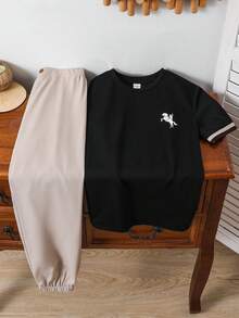 SHEIN 2件套儿童/青少年男童休闲日常舒适印花宽松圆领针织T恤和休闲短裤套装 - 彩色 - 查看 3