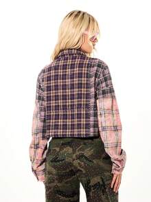 SUMWON Plus Size Studded Plaid Patchwork Button Down Shirt Long Sleeve Collared Cropped Blouse Festival Fall - Multicolor - View 2