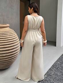 Weeklong Women's Sleeveless Casual Vacation Beaded Waist Jumpsuit, Elegant Vacation Outfit, Daily Outing Jumpsuit, Commuting Jumpsuit - Apricot - View 2