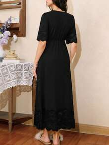 Côtesoire Elegant French Style V-Neck Lace Patchwork Loose Maxi Dress For Women - Black - View 2