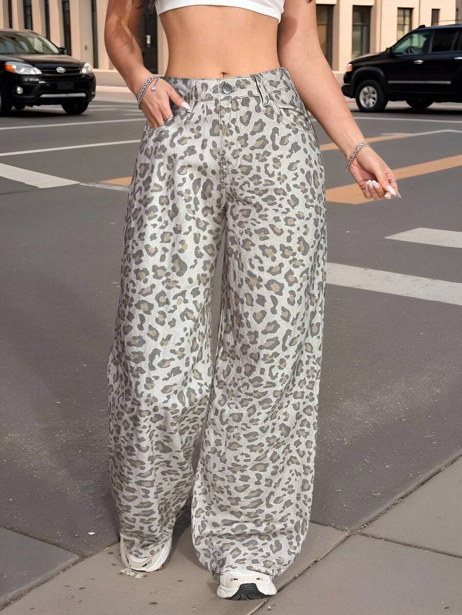 SHEIN 少女Y2K豹纹宽松阔腿牛仔裤，适合秋季、冬季、休闲时尚度假、街头穿搭，展现2000年代风格，也适合圣诞节穿着，豹纹裤，街头风长裤 - 杏色 - 查看 1