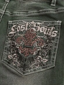 ROMWE Hippie 大码女式字母刺绣口袋休闲喇叭牛仔裤 - 軍綠色 - 查看 2