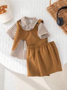 SHEIN 3pcs Baby Boy Preppy Style Outfit Set: Striped Shirt, Khaki Shorts, Suspender Pants, Bow Tie. Suitable For Birthday Party, Rave, Evening Party, Performance, Wedding, Baby Shower, 1st Birthday Celebration