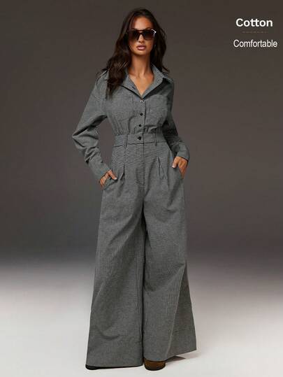 Athîral 女士格子翻领单排扣前袋长袖连体裤，时尚通勤旅行两相宜，女士长袖连体裤，女士连体裤，女士裤装