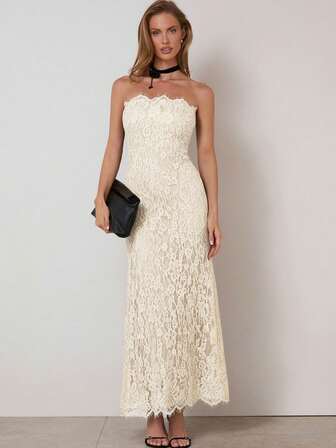 COSMINA Women's Solid Color Lace Dress, Elegant