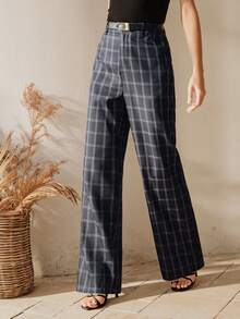 Anewsta 优雅格纹女式长裤，精致优雅的日常穿着之选 - 藏蓝色 - 查看 3