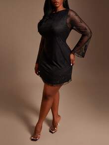 SHEIN SXY Valentine Plus Size Elegant Solid Color Black Lace Midi Dress,Autumn See Through Mesh Two Pieces Set For Curve,Goth Night Out Club Party Outfit, - Black - View 6