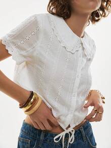 Poéselle Women's Cotton Mesh Embroidered Lace-Up Button Blouse,White Top,Cotton Shirt,Elegant Valentine, Vacation,Summer Tops,Spring/Summer Blouse Summer, White Cropped Blouse - White - View 5