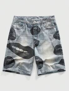 ROMWE MEN Street Life Men's Pocket & Lip Print Digital Casual Denim Shorts - Multicolor - View 1