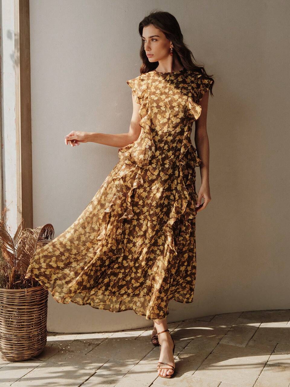 Anewsta Women Brown Floral Summer Elegant Dress For Date,Vacation French Style Wildflower Print Ruffle Hem Waist Cinched Maxi Dress,Spring/Summer Floral Dress