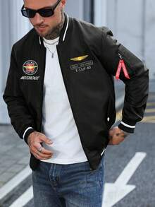 Manfinity Homme Men's Casual Printed Zip-Up Jacket Black Bomber Jacket Men Men Jackets Casual Men Graphic Jacket Streetwear Jacket Men Bomber Jacket Old Money,Daily Leisure,, Travel, Work, Boyfriend/Husband Gift, Anniversary /Birthday Gift Party Summer Vacation Holiday New Years Wedding Valentine's Day - Black - View 4