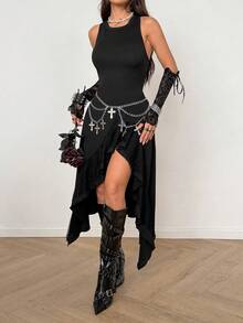 Coolane Women's Spring/Winter/All-Season Goth Y2K Casual Date Night Black Knitted Sleeveless With Asymmetrical Ruffle Hem And Round Neck Lace Black Long Dress - Black - View 3