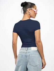 SUMWON WOMEN Video Vixen Graphic Baby Tee Crop Top Short Sleeve Cotton Casual Everyday Fitted Script Print Lettering - Navy Blue - View 2