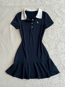 Attitoon Polo领连衣裙，复古风，休闲时尚，撞色拼接，女士迷你连衣裙 - 藏蓝色 - 查看 3