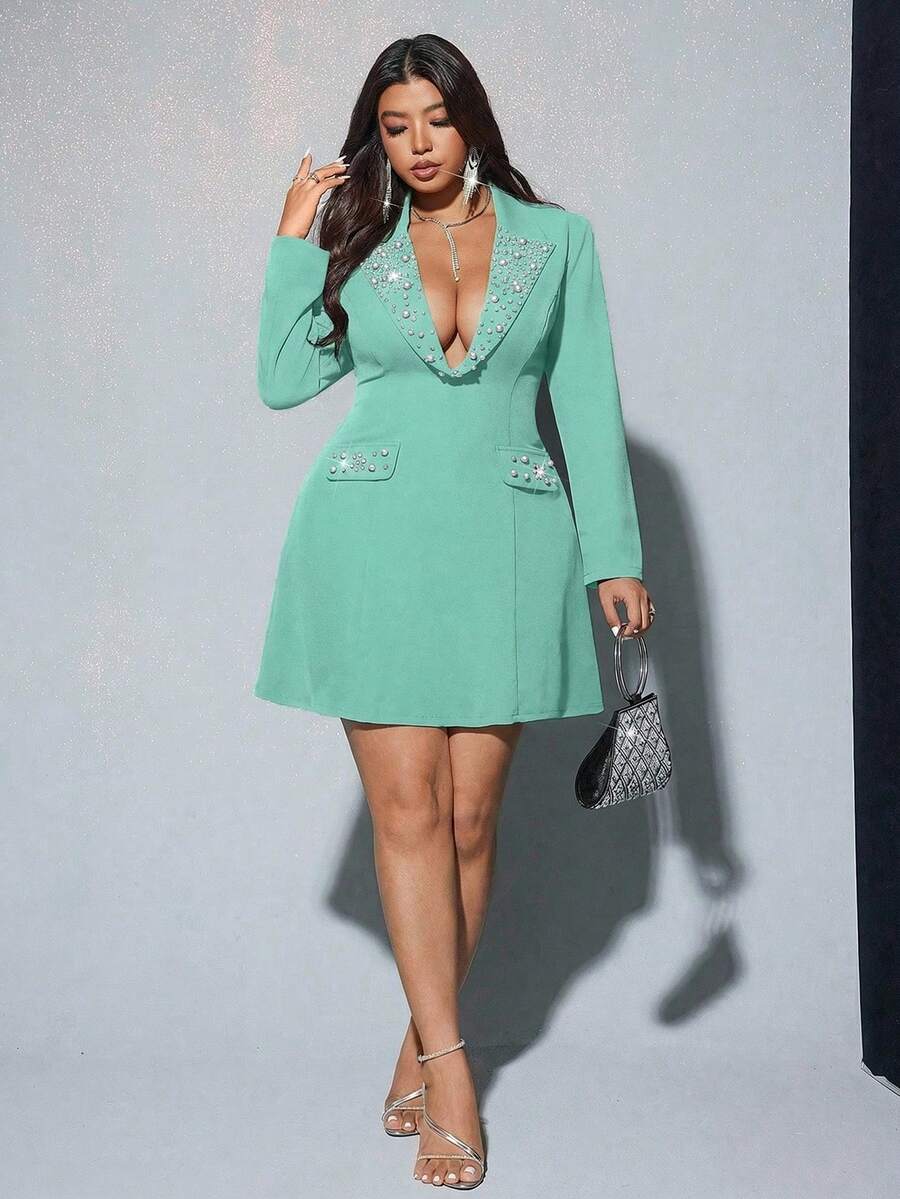 Viva Relle 大码女士优雅休闲商务派对连衣裙，饰有珍珠，珍珠点缀（随机） - 綠色 - 查看 1