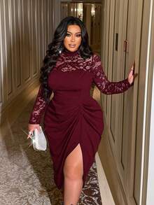 NU&NOW 大码女式蕾丝拼接立领长袖修身开衩派对连衣裙，秋冬款 - 酒紅色 - 查看 3