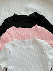 3pcs/Set Bodysuit Lengan Pendek Rajut Minimalis Kasual Elastis Warna Polos dengan Kancing di Selangkangan, Cocok untuk Musim Panas - MultiWarna - View 6