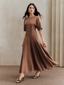 Anewsta Essential Rochie de primăvară nouă, stil francez de lux, mulată, cu talie, pentru femei - Maro - Vizualizare 4