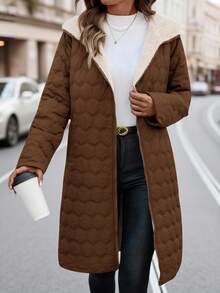 SHEIN Clasi Áo khoác dài nữ có lớp lót, thiết kế cổ điển đa năng với mũ trùm đầu, thích hợp cho mùa đông. - màu nâu - Xem 3