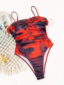 Swim SXY Bộ bikini liền thân Bonvoyette-D màu đỏ đen họa tiết hoa nhuộm tie-dye, kiểu dáng bèo nhún, dây buộc cổ, thích hợp mặc đi biển, mùa xuân/hè. - Nhiều màu - Xem 6