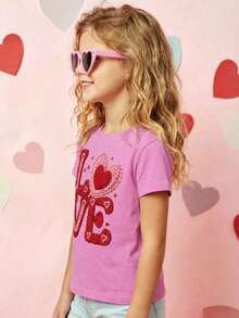 Niña camiseta casual diseño LOVE corazón estampado tridimensional tejido suave ajuste regular primavera verano uso diario T‑shirt - Rosa - Ver 2