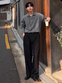 DAZY Men's Grey Collar Tie-Up Design Pullover Sweatshirt, Spring/Autumn - Grey - View 3