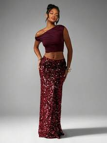 MISSGUIDED 酒红色亮片高腰修身长裙，闪耀夺目，适合派对、晚宴、正式场合、假日、海滩、节日等各种场合，尽显迷人魅力。 - 酒紅色 - 查看 3