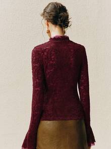 Arave 女士天鹅绒蕾丝撞色网纱双层喇叭袖口修身优雅绿色长袖打底衫，秋季女装 - 紅色 - 查看 3