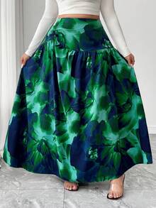 Elenzga 女士优雅扎染极简印花褶皱腰身半身裙，春秋季 - 藍色 - 查看 1