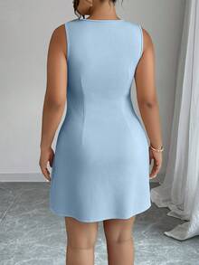 Elenzga 大码女式休闲无袖连衣裙，带蝴蝶结装饰，圆领 - 藍色 - 查看 2