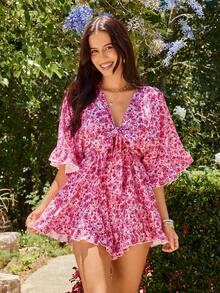 KARISMINA 女士时尚休闲度假优雅荷叶边扭结V领印花连体裤，粉色连体裤，情人节连体裤 - 粉色 - 查看 6