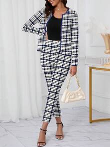 SHEIN Clasi 2pcs Women Casual Houndstooth Print Long Sleeve Jacket And Pants Set, Suitable For Winter Carnival - Black and White - View 1