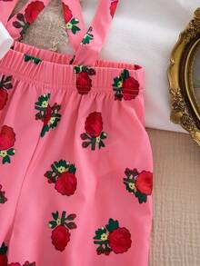 2pcs/Set Girls Casual Versatile Short Sleeve Round Neck Printed T-Shirt + Printed Floral Suspender Shorts, Cute & Fashionable Outfit - Multicolor - View 5