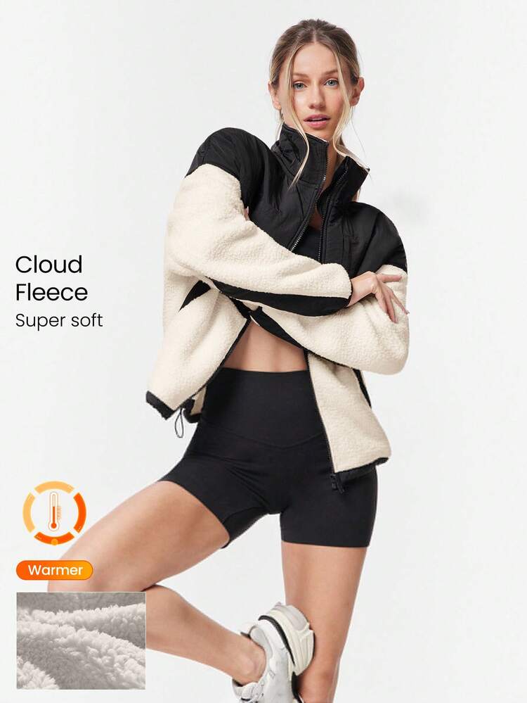 Cloud Fleece Double The Glow Two-Tone Waist-Length Drawstring Hem Zip-Up Jacket With Side Zipper Pockets Daily Casual Wear Fall Winter