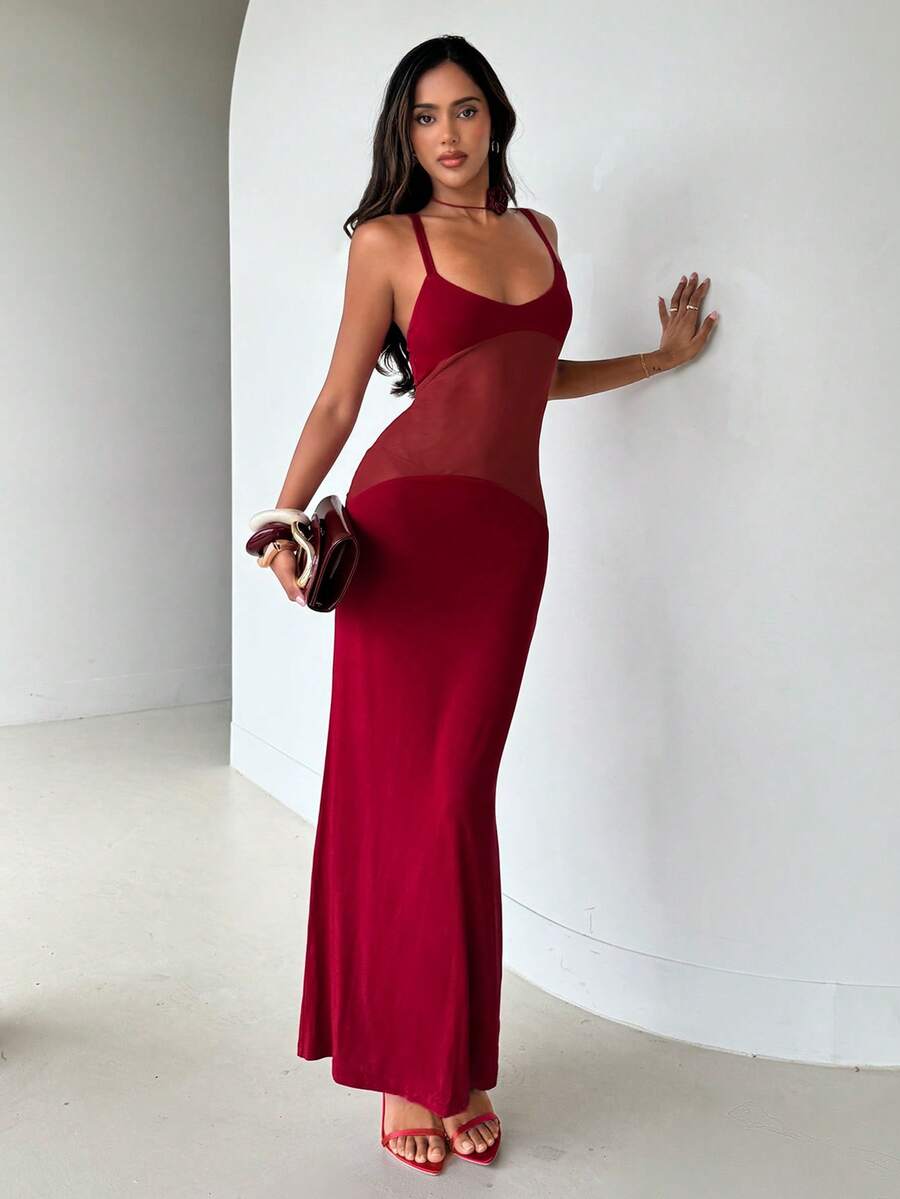 Aloruh Women's Elegant Sexy Romantic Sheer Mesh Patchwork Dress, Suitable For Valentine's Day, Party, Outing, Spring/Summer - Red - View 1