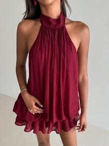 Aloruh Walentynki - Różowe satynowe szorty mini z falbanką w kontrastowym kolorze, codzienne, jednokolorowe, do noszenia w domu - Czerwony - Zobacz 5