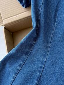 Comfortcana Women's Button Half-Placket Short Sleeve Casual Denim Dress Summer Dresses For Women Christmas Dress Valentine's Day Dress New Year Dress Party Dresses For Women Elegant Dresses For Women Casual Dresses For Women Blue Dress Chic Women's Blue Denim Dress With Gold Buttons And Collared Polo Neckline Casual Short Sleeve A Line Design - Medium Wash - View 5