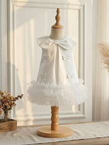 SHEIN Baby Girls' Cute Layered Ruffle Collar Sleeveless Mesh Dress With Bow Tie, Comfortable & Soft, Elegant For Spring/Summer Outings And Gifts, Suitable For 6 Months - 3 Years Old - White - View 3