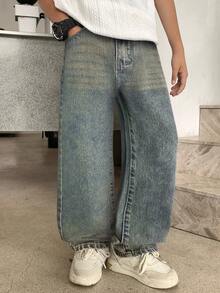 SHEIN Jeans holgados con bolsillos sesgados desgastados para niño preadolescente de uso diario informal - Azul lavado oscuro - Ver 1