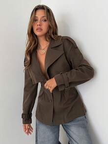 Aloruh Trench-coat marron unicolore à simple boutonnage pour femme avec cordon de serrage à la taille, polyvalent pour le trajet, le port décontracté, toutes saisons - Tabac - Voir 4
