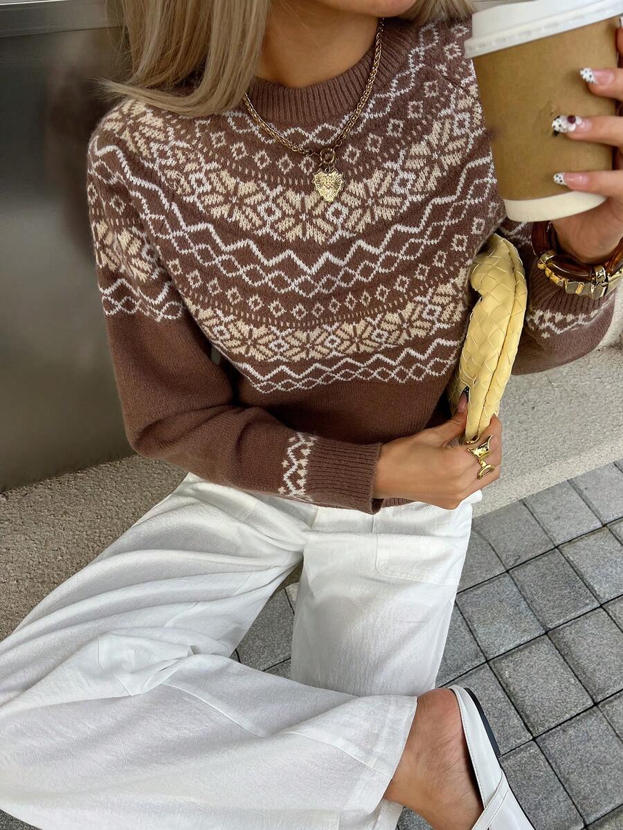 DAZY Áo len dệt kim Jacquard cổ tròn, dáng rộng mềm mại, phong cách retro thoải mái - Màu Khaki - Xem 1