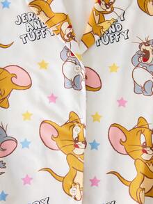 TOM & JERRY X SHEIN Tween Girl Cartoon Print Button Front Short Sleeve Top And Shorts Pajama Set - White - View 4