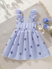 SHEIN Vintaside Kids 女童蓝白条纹方领荷叶袖连衣裙，饰有3D蝴蝶结，蝴蝶结印花，宽松版型，甜美法式公主裙，夏季 - 寶藍色 - 查看 2