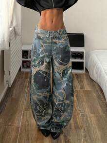 StreetHx Women's Fashion Casual Street Graffiti Low Waist Loose Flared Leg Jeans