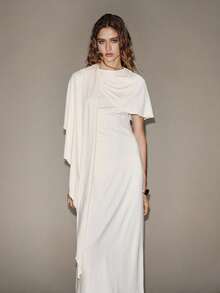 Lumivelle Women's Elegant Boat Neck Fitted Waist Shawl Collar A-Line Maxi Dress, Summer Long White Dress Women Bride White Silk Dress Draped Dress White Dress With Sleeves - Beige - View 4