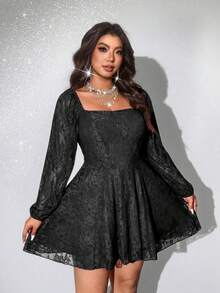 Viva Relle Vestido corto de manga larga con cuello cuadrado, cintura fruncida y tela de encaje elástica, adecuado para fiesta, banquete, vacaciones y citas, para mujeres de talla grande en primavera/otoño - Negro - Ver 2
