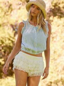 WESTFADE Ärmellose Spitzenbesatz Rüschen Knopfleiste Satinschleife Oberteil - Babyblau - Übersicht 4